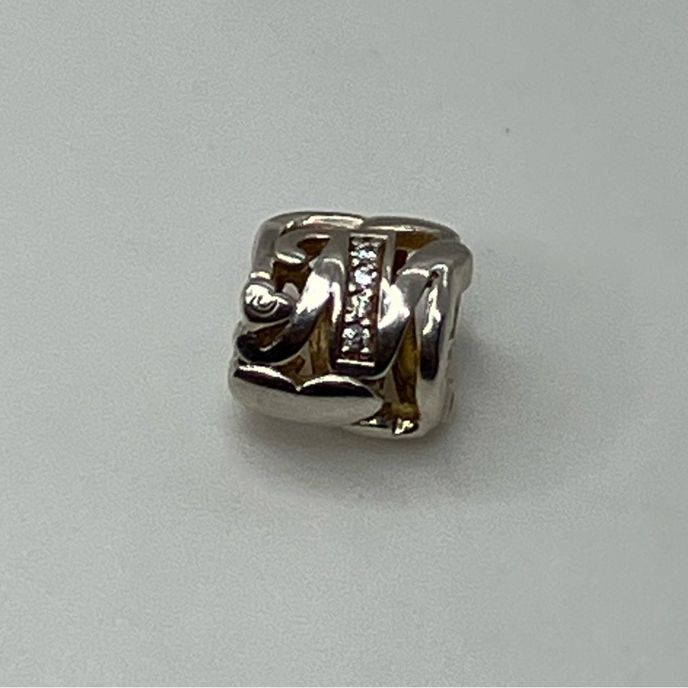 Halia 925 Sterling Silver & Cz Letter M w Hearts Barrel Charm